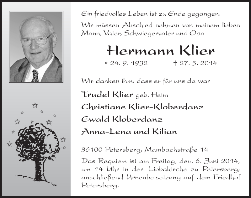  Traueranzeige für Hermann Klier vom 03.06.2014 aus 