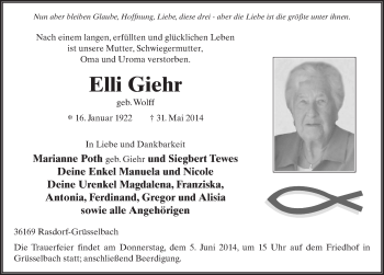 Traueranzeige von Elli Giehr 