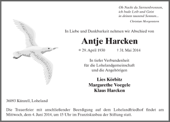 Traueranzeige von Antje Harcken 