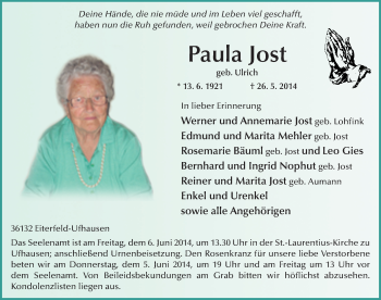 Traueranzeige von Paula Jost 