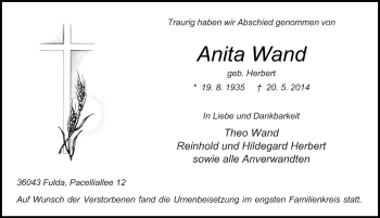 Traueranzeige von Anita Wand 