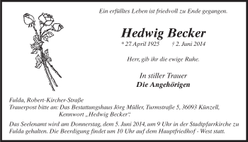 Traueranzeige von Hedwig Becker 