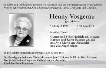 Traueranzeige von Henny Vosgerau 