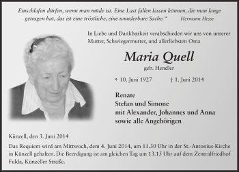 Traueranzeige von Maria Quell 