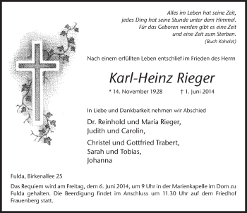 Traueranzeige von Karl-Heinz Rieger 