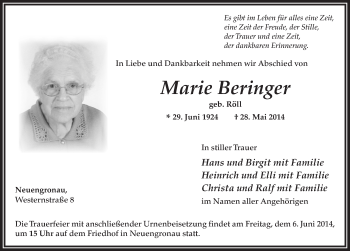 Traueranzeige von Marie Beringer 