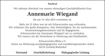 Traueranzeige von Annemarie Wiegand 