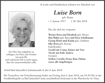 Traueranzeige von Luise Born 