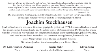 Traueranzeige von Joachim Stockhausen 