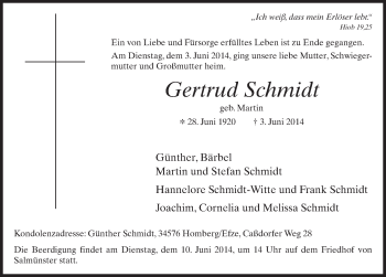 Traueranzeige von Gertrud Schmidt 