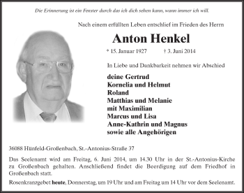 Traueranzeige von Anton Henkel 