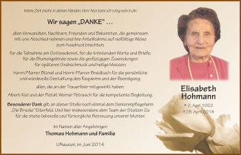 Traueranzeige von Elisabeth Hohmann 