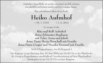Traueranzeige von Heiko Aufmhof 