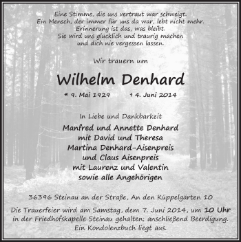 Traueranzeige von Wilhelm Denhard 