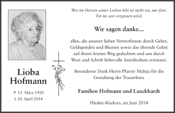 Traueranzeige von Lioba Hofmann 