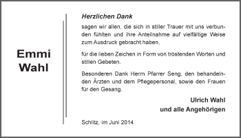 Traueranzeige von Emmi Wahl 