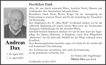 Traueranzeige von Andreas Dax 
