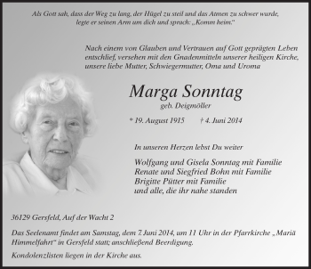 Traueranzeige von Marga Sonntag 
