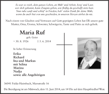 Traueranzeige von Maria Ruf 