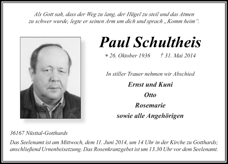  Traueranzeige für Paul Schultheis vom 07.06.2014 aus 