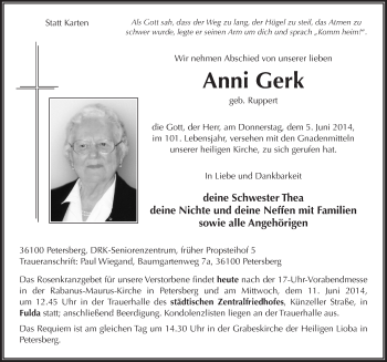 Traueranzeige von Anni Gerk 