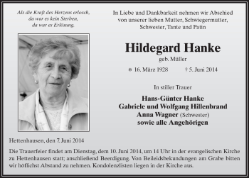 Traueranzeige von Hildegard Hanke 