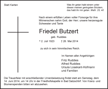 Traueranzeige von Friedel Butzert 
