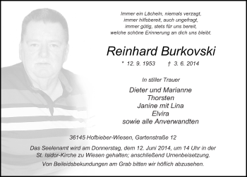 Traueranzeige von Reinhard Burkovski 