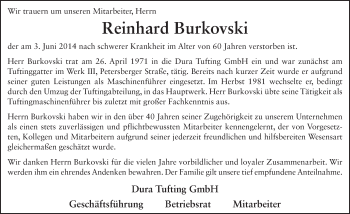 Traueranzeige von Reinhard Burkovski 