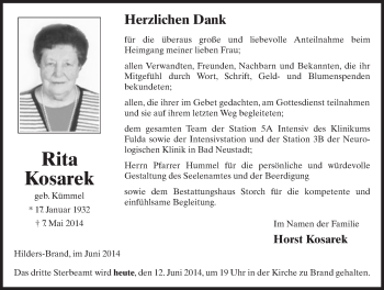 Traueranzeige von Rita Kosarek 