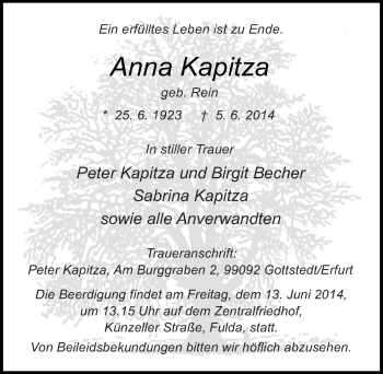 Traueranzeige von Anna Kapitza 