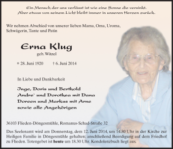 Traueranzeige von Erna Klug 