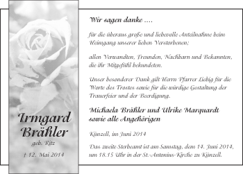 Traueranzeige von Irmgard Brähler 
