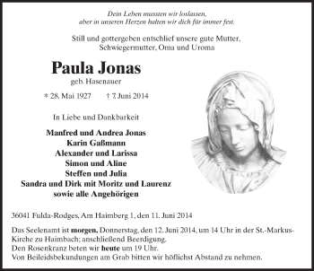 Traueranzeige von Paula Jonas 