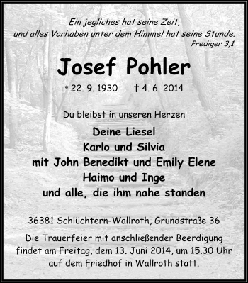 Traueranzeige von Josef Pohler 