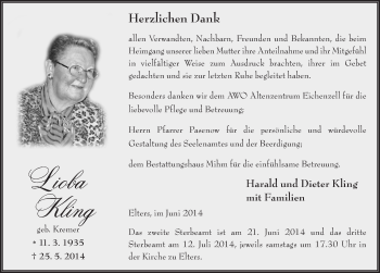 Traueranzeige von Lioba Kling 