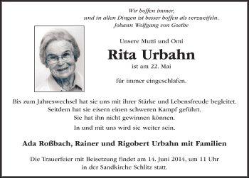 Traueranzeige von Rita Urbahn 