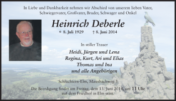 Traueranzeige von Heinrich Deberle 