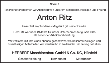 Traueranzeige von Anton Ritz 