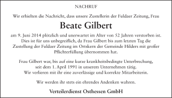 Traueranzeige von Beate Gilbert 