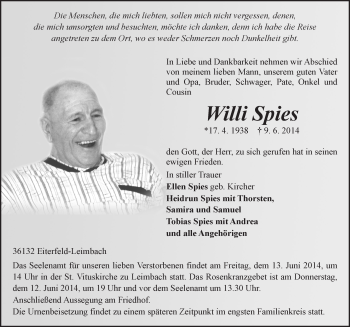 Traueranzeige von Willi Spies 