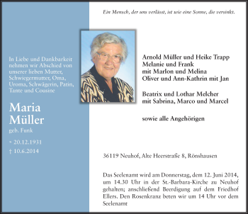 Traueranzeige von Maria Müller 