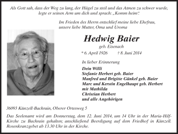 Traueranzeige von Hedwig Baier 