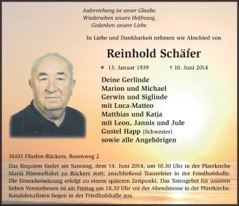 Traueranzeige von Reinhold Schäfer 