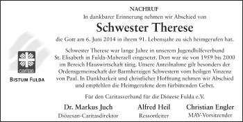 Traueranzeige von Schwester Therese  