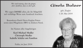 Traueranzeige von Gisela Balzer 