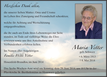 Traueranzeige von Maria Vetter 