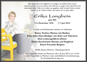 Traueranzeige von Erika Langbein 