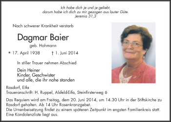 Traueranzeige von Dagmar Baier 
