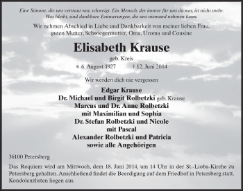 Traueranzeige von Elisabeth Krause 